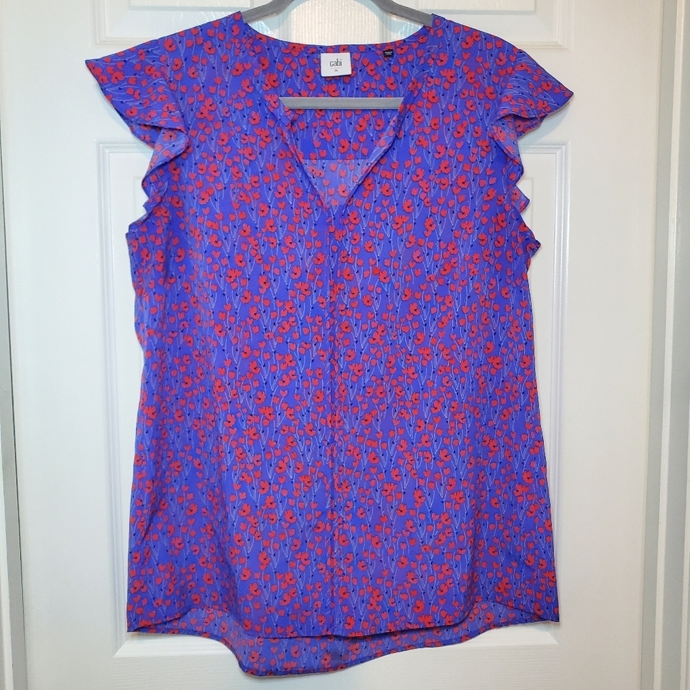 CAbi Purple Floral Flutter-Sleeve Blouse with Red Accents